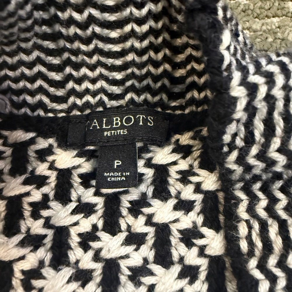 Talbots Petites Womens Black White Geometric Knit Open Front Cardigan Sweater P - Picture 2 of 6
